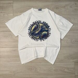 VINTAGE Hilton Head Island Tennis White Cotton Shirt Mens Medium Sports Art